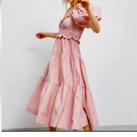 En Saison Poplin Cotton Midi Dress Puff Sleeves Tiered Shirred Sz XS Boho Pink - Picture 3 of 16